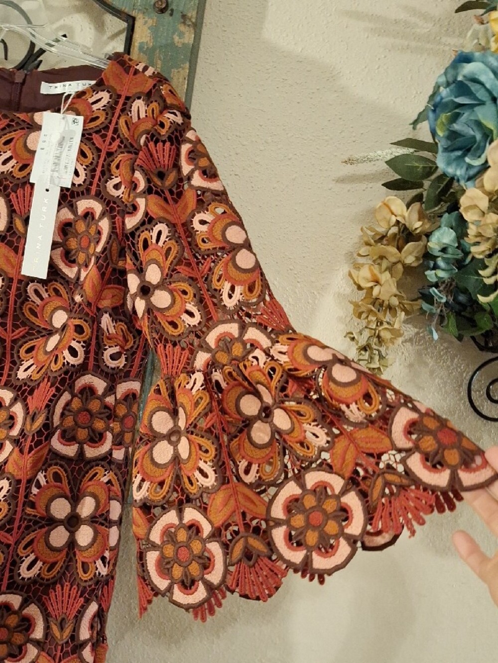 Trina Turk Rust and Pink Floral Lace Bell-Sleeve Dress. Size 8 NWT - Picture 7 of 10
